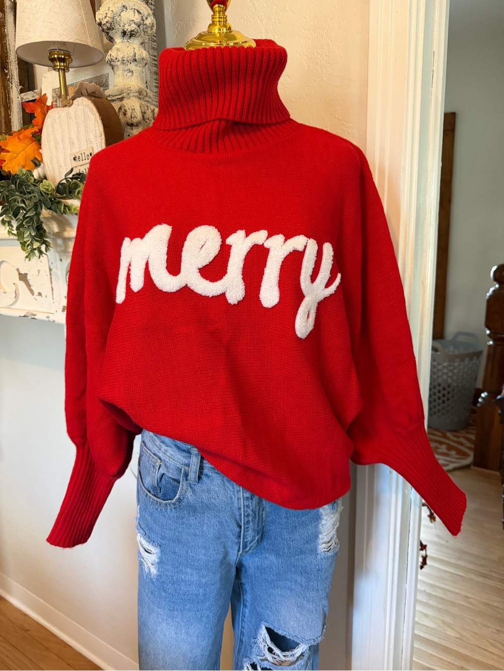 Red Turtleneck Sweater with White 'merry' Script